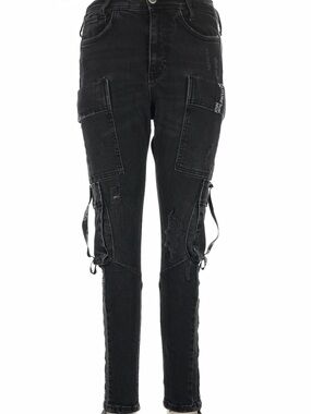 #745 ZARA Black Skinny Cargo Jeans “Future Subconscious” Straps, Distressed